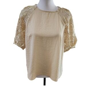 Marc‎ New York Andrew Marc Lace Sleeve Top Cream Round Neck Short Sleeve Size S